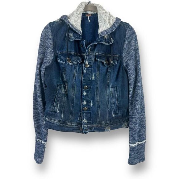 Free People S Mixed Media Jean Jacket Blue Sweatshirt Sleeve Hoodie Grunge Fall - Picture 1 of 11